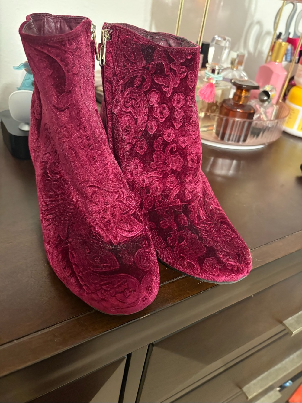 Women's Velvet Ankle Boots in Burgundy